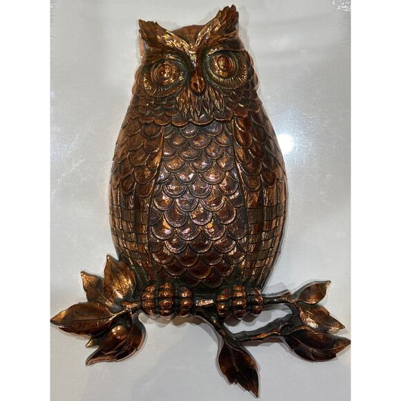 Vintage HOMCO 1977 Shiny Copper Colored Owl on a Branch 13.5”x10” - Picture 1 of 2